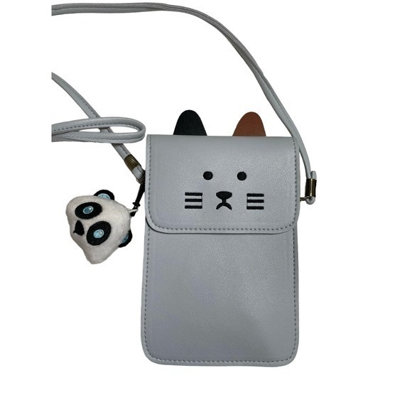 EUC Cat Lanyard Crossbody Light Grey w/ Brown & Black Ears & Squishmallow Charm - Picture 1 of 10